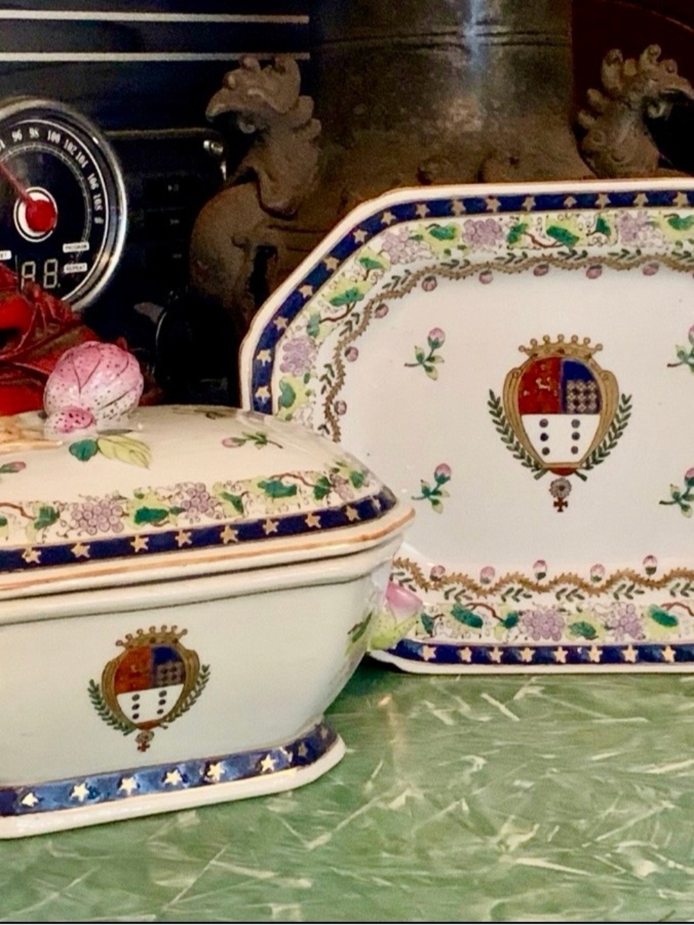 Antique Hand-Painted White Ceramic Covered Dish Blue Trim “ Chinese Export”